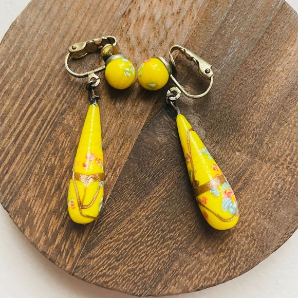Vintage Jewelry Jewelry - Vintage 30s Canary Yellow Millefiori Japanese Beaded Drop Dangle Earrings Pair 2
